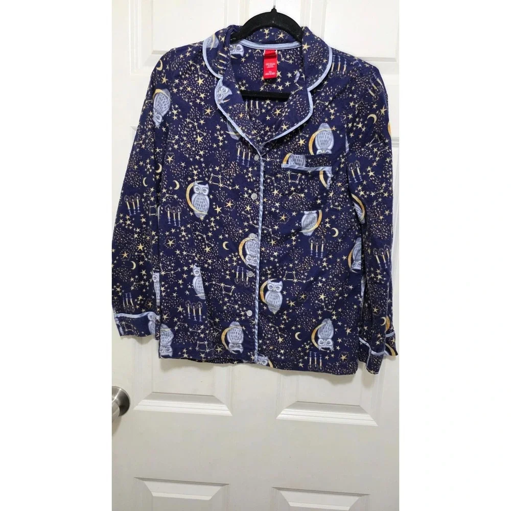 Women's Long Sleeve Button-Down Pajama Top Owl & Starry Night Print Navy Size XS - Picture 2 of 7